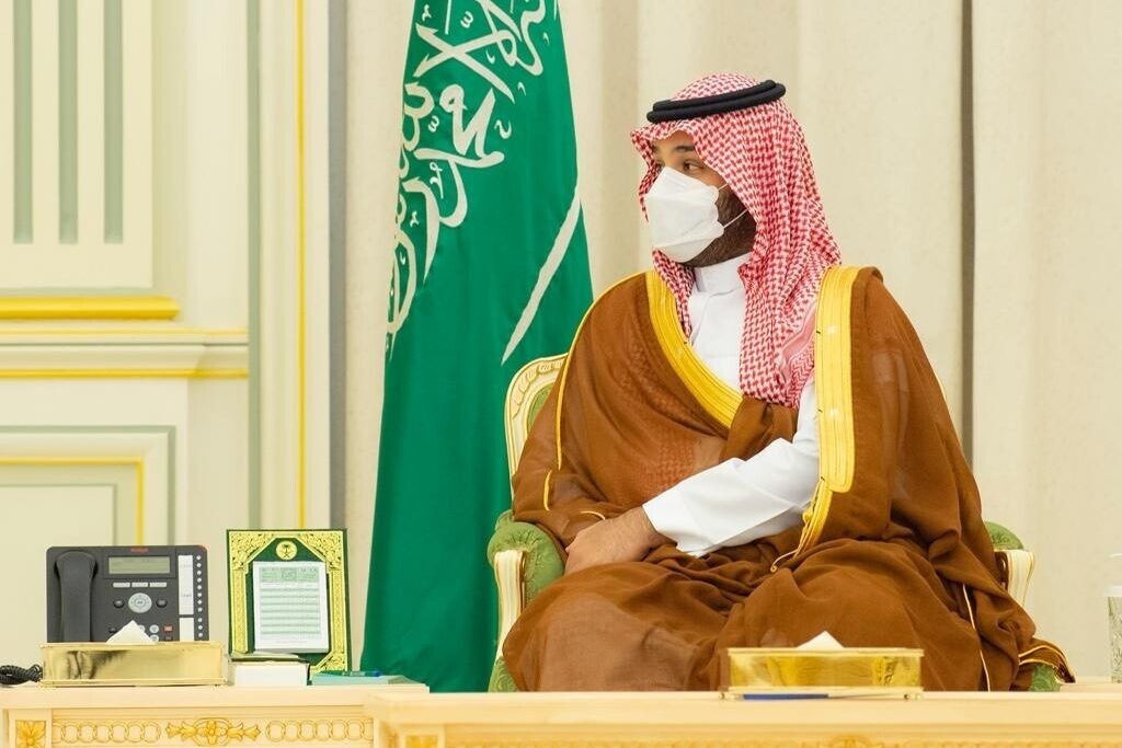 ولي العهد السعودي الأمير محمد بن سلمان يحضر اجتماعاً مع رئيس الوزراء العراقي مصطفى الكاظمي في قصر اليمامة بالرياض يوم 31 مارس مجلس المملكة السعودية - وكالة الأناضول عبر صور جيتي