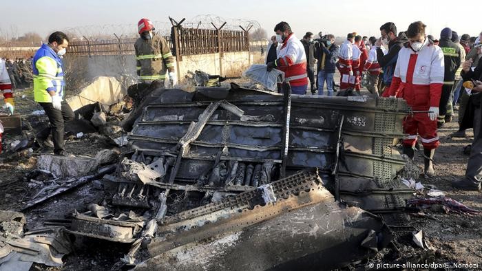 طائرة ركاب أوكرانية أسقطت بنيران الدفاع الجوي الإيراني فوق مطار طهران في 8 يناير/ كانون الثاني 2020،